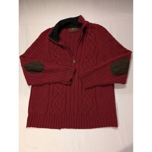 Laksen Men's Large Cable Knit Quarter Zip Sweater Burgundy Red Elbow Patches